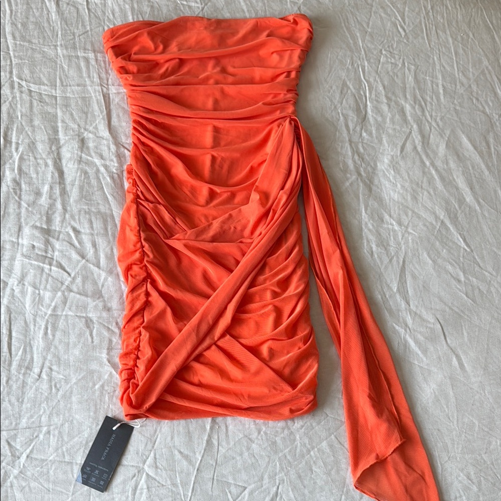 Vibrant Orange Strapless Asymmetrical Mini Dress